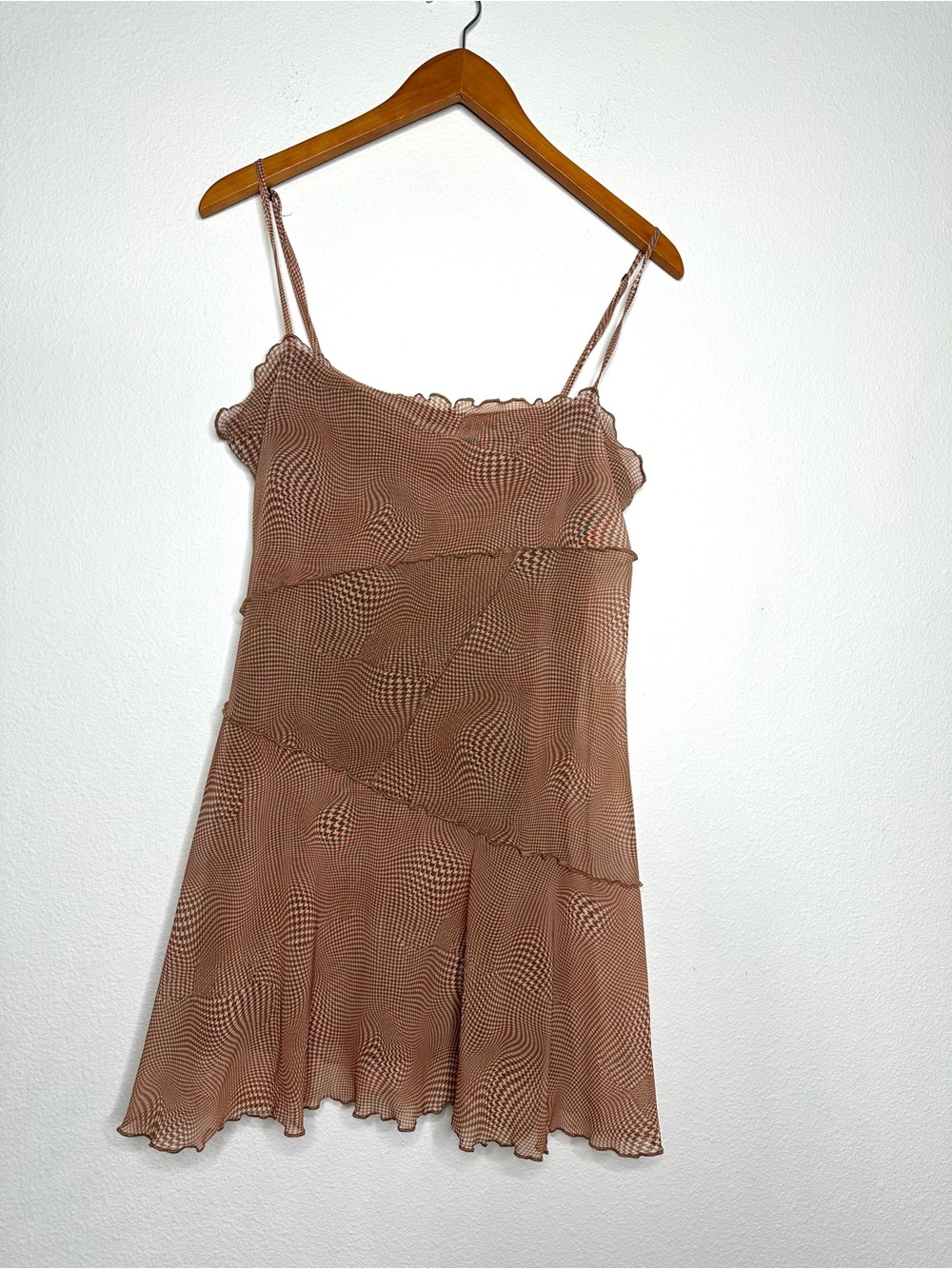 Urban Outfitters Moxie Mesh Mini Slip Dress Brown Abstract Print Size L Y2K - Picture 3 of 9